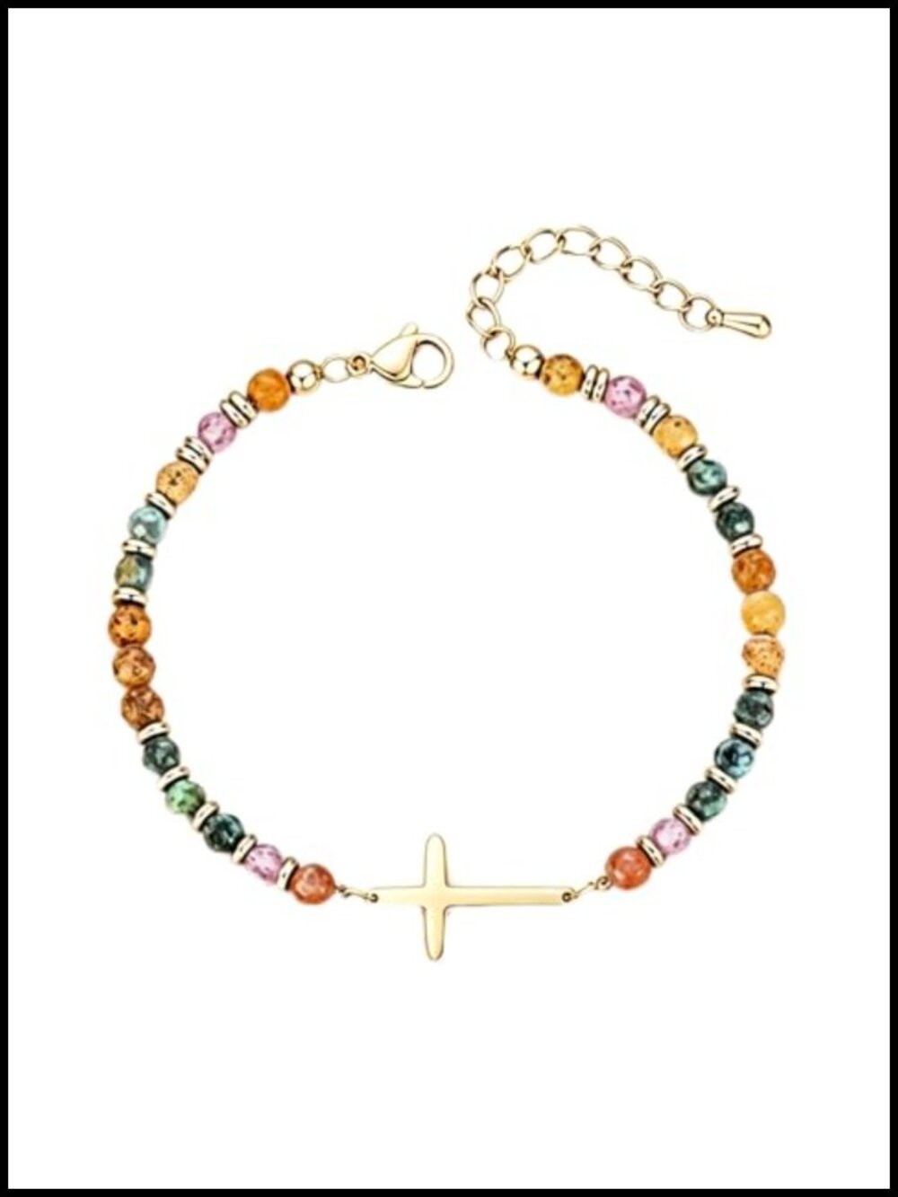 18K Gold Plated Rainbow Stone Cross Charm Bracelet